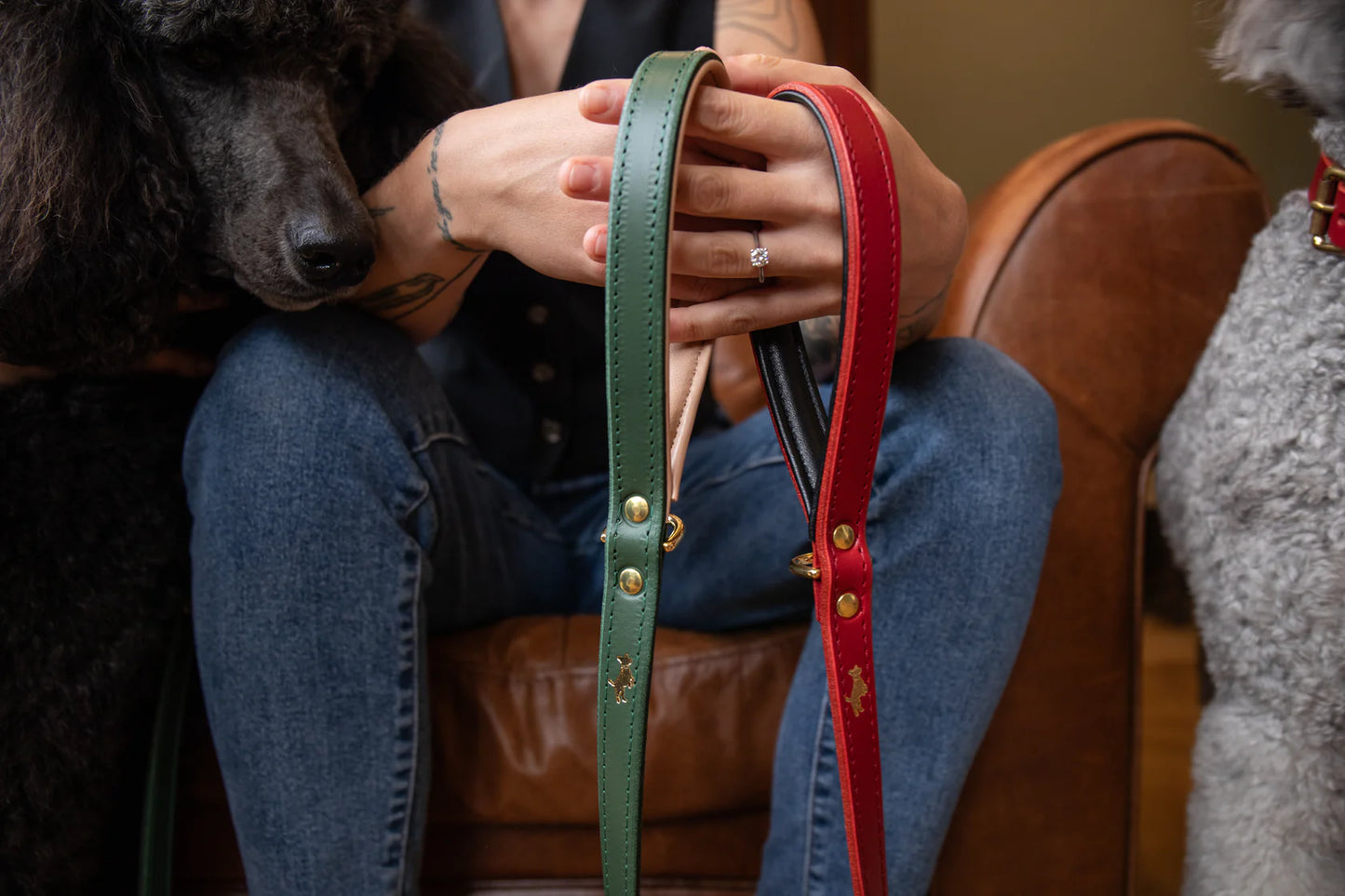 Storeys & Tails Padded Luxury Leather Lead, Green