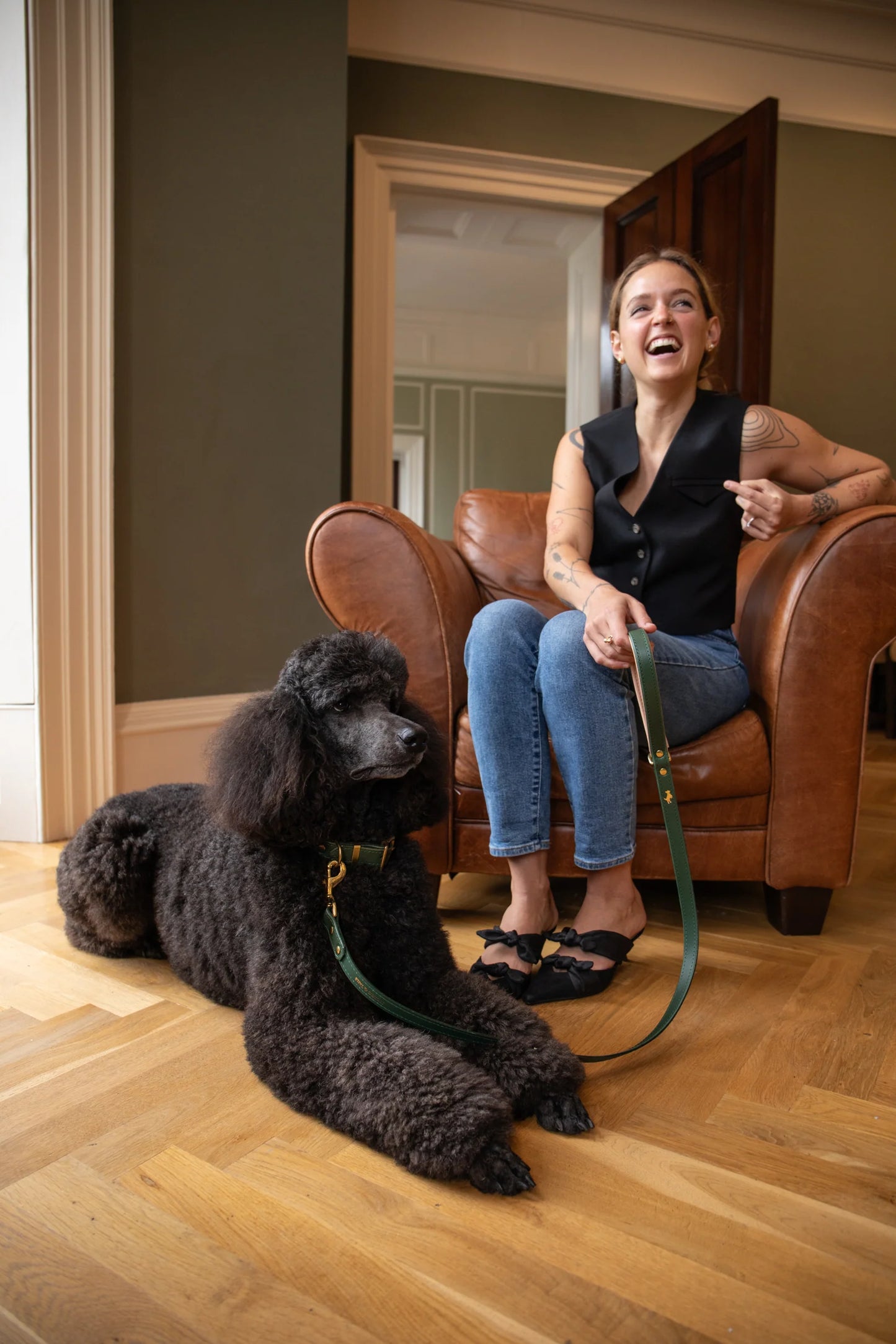 Storeys & Tails Padded Luxury Leather Lead, Green