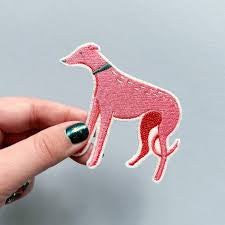 Bryony Moss Embroidered Iron On Patch, Pink Dog