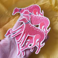Bryony Moss Embroidered Iron On Patch, Pink Dog