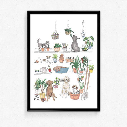 Tabby Rabbit Chaos in the Greenhouse Print
