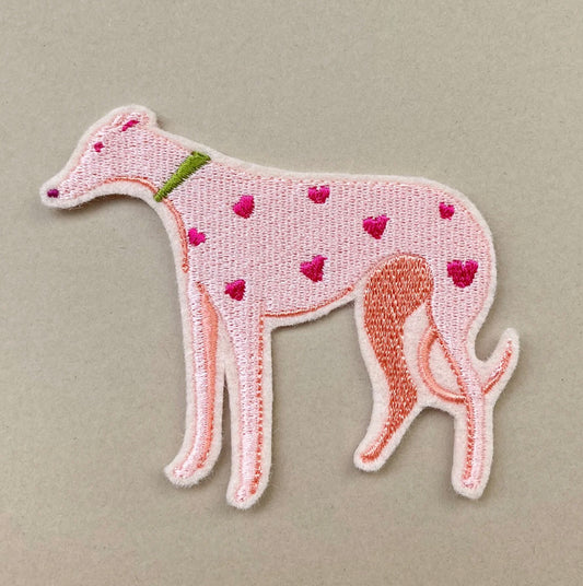 Bryony Moss Pink Hearts Hound Embroidered Iron On Patch