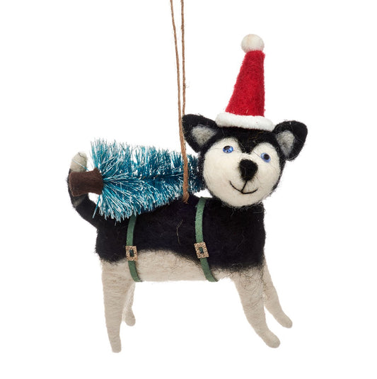 Sass & Belle Husky with Christmas Tree Felt Hanging Decoration